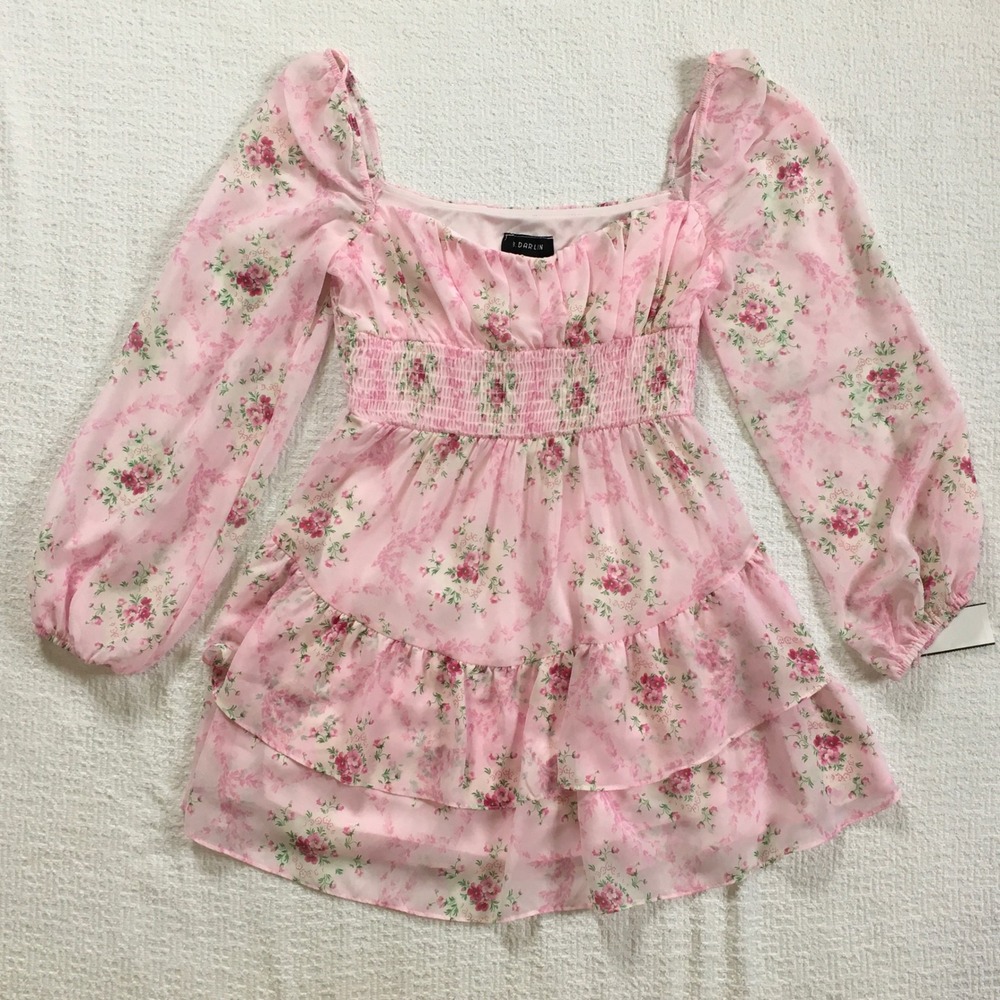 Pink Floral Smocked Tiered Mini Dress B. Darlin Size 1/2 Party Girly